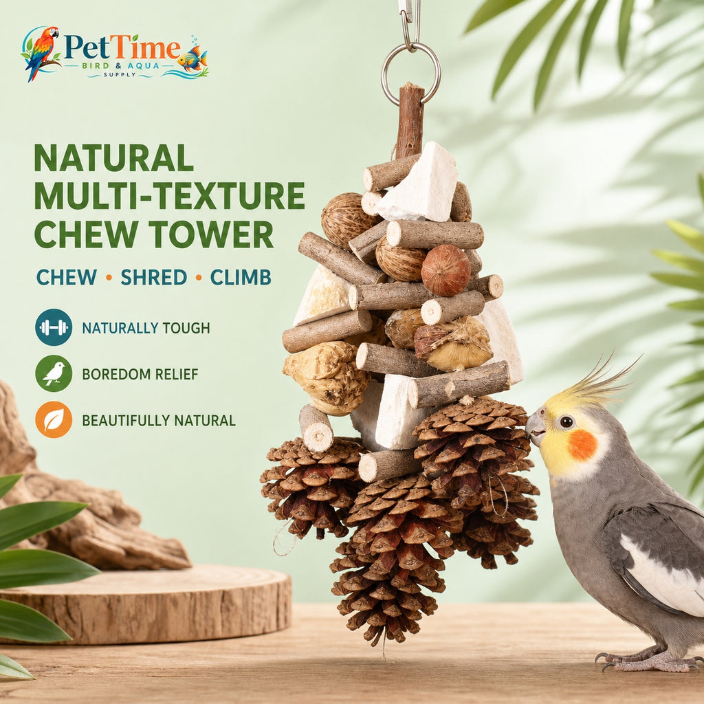 Hanging Multi-Texture Bird Chewing Toy with Apple Wood, Corn Cob and Cuttlebone, Cage Shredding and Climbing Toy