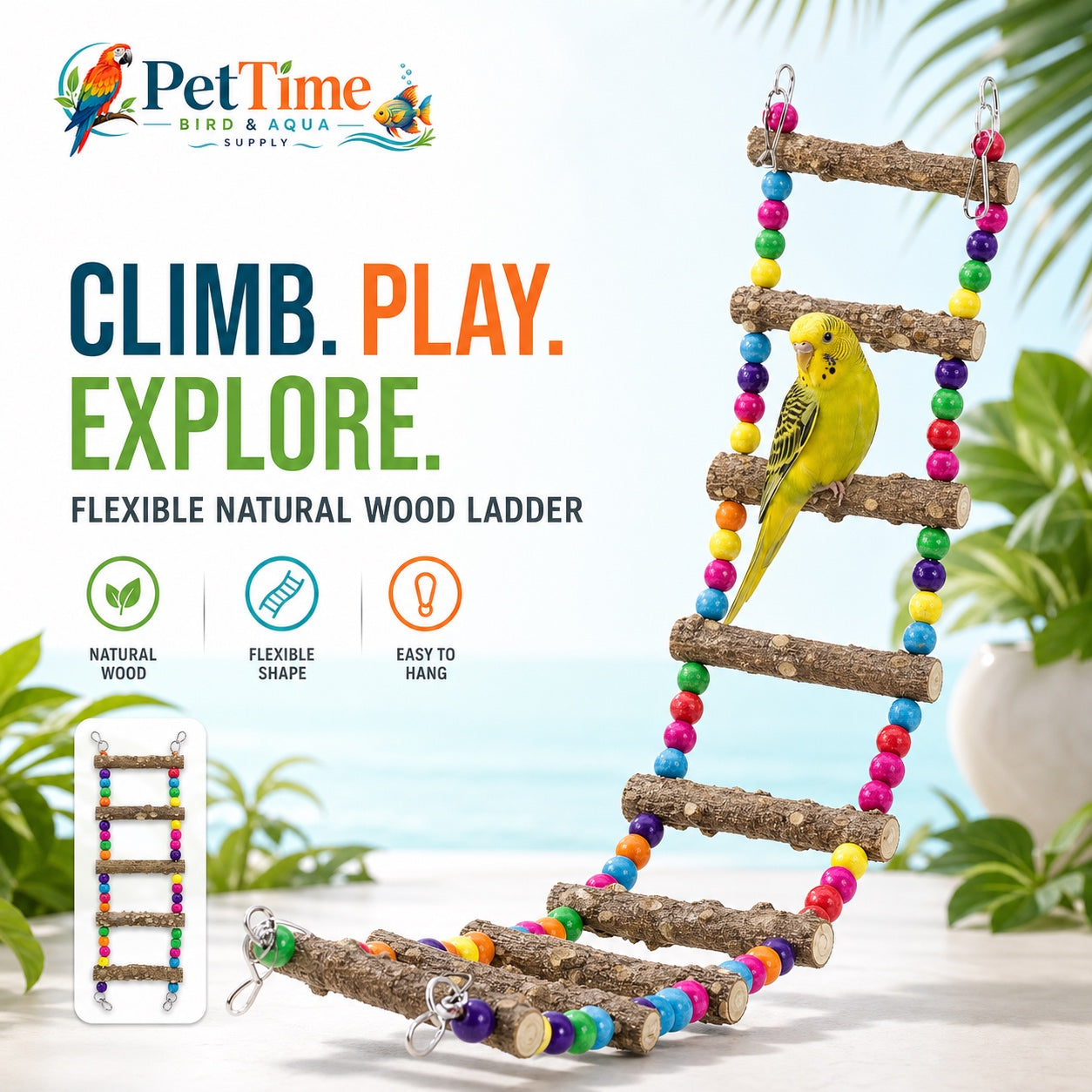Flexible Bird Ladder Bridge for Cage, Natural Prickly Ash Wood