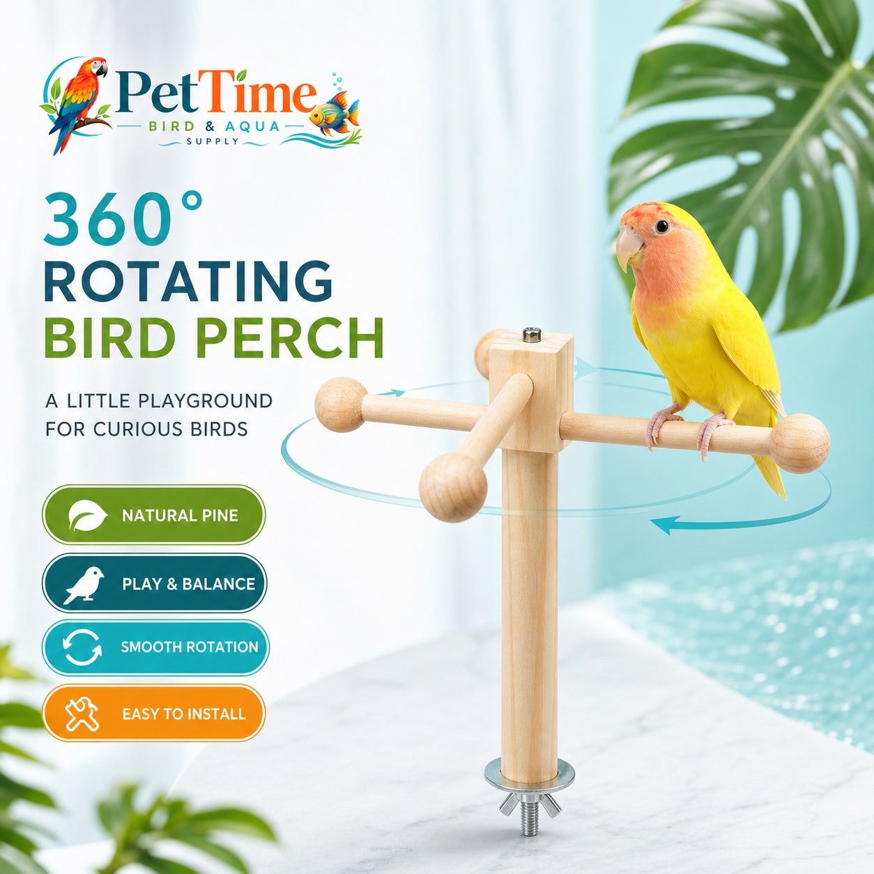 Rotating Parrot Perch for Bird Cage, 360-Degree Pinewood Windmill Toy