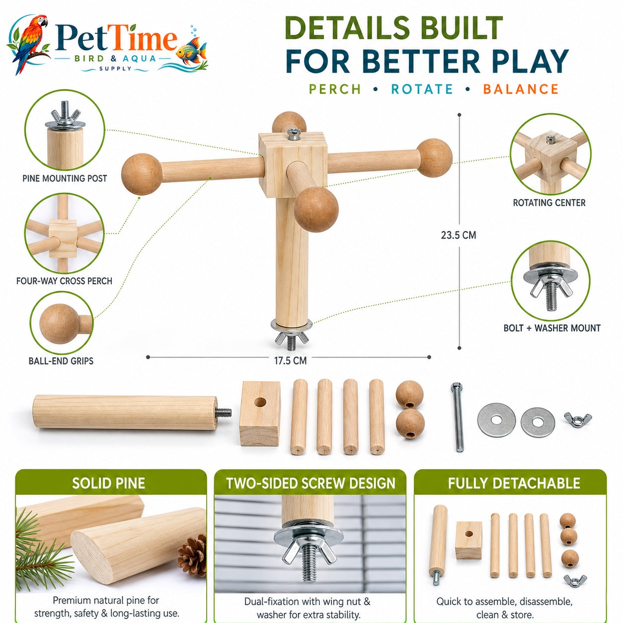Rotating Parrot Perch for Bird Cage, 360-Degree Pinewood Windmill Toy