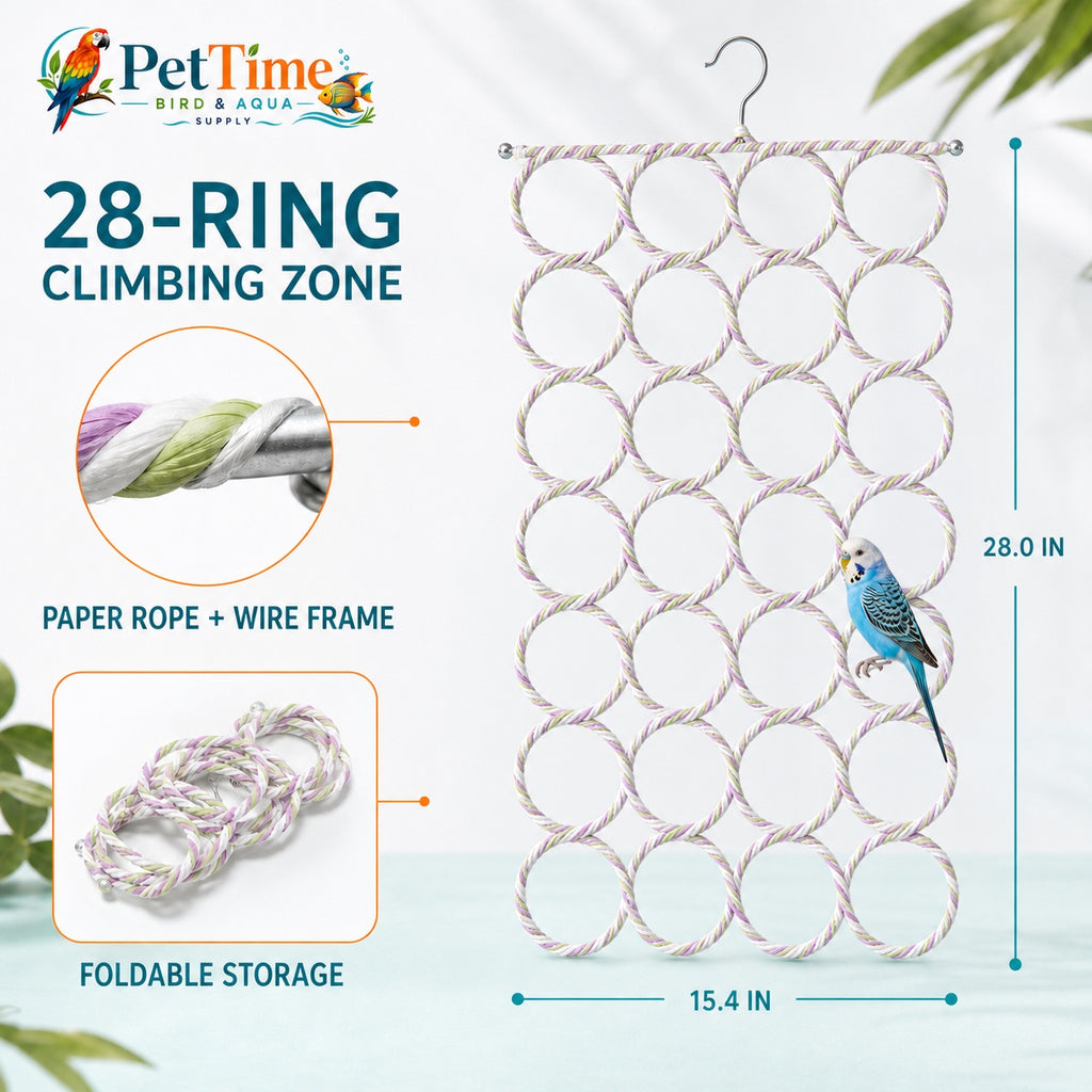 28-Ring Bird Climbing Net, Foldable Bird Rope Swing and Activity Net