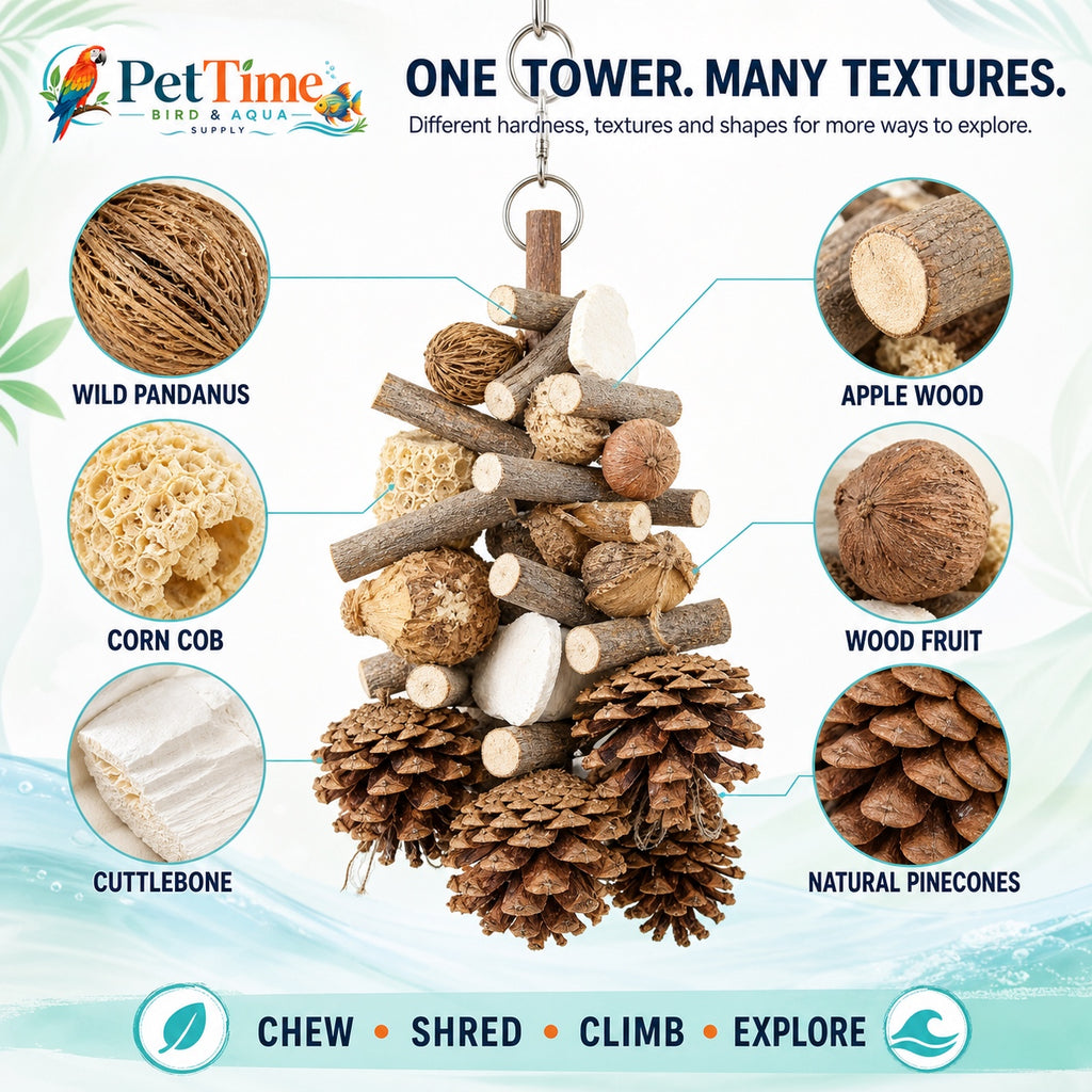 Hanging Multi-Texture Bird Chewing Toy with Apple Wood, Corn Cob and Cuttlebone, Cage Shredding and Climbing Toy