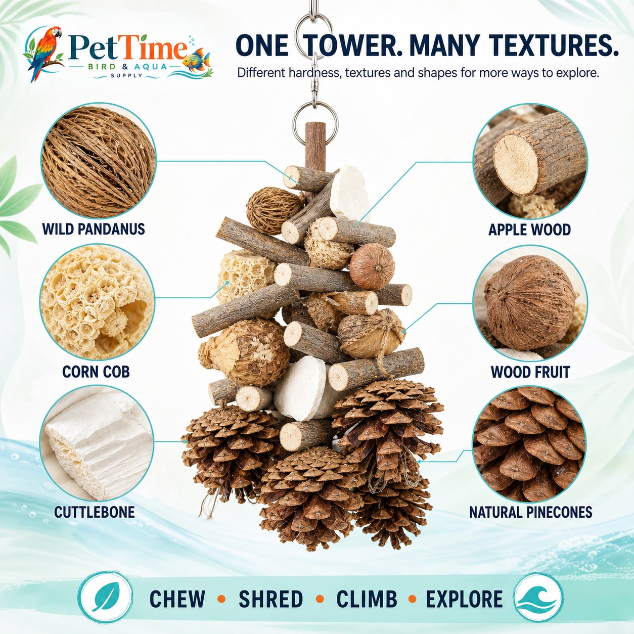 Hanging Multi-Texture Bird Chewing Toy with Apple Wood, Corn Cob and Cuttlebone, Cage Shredding and Climbing Toy