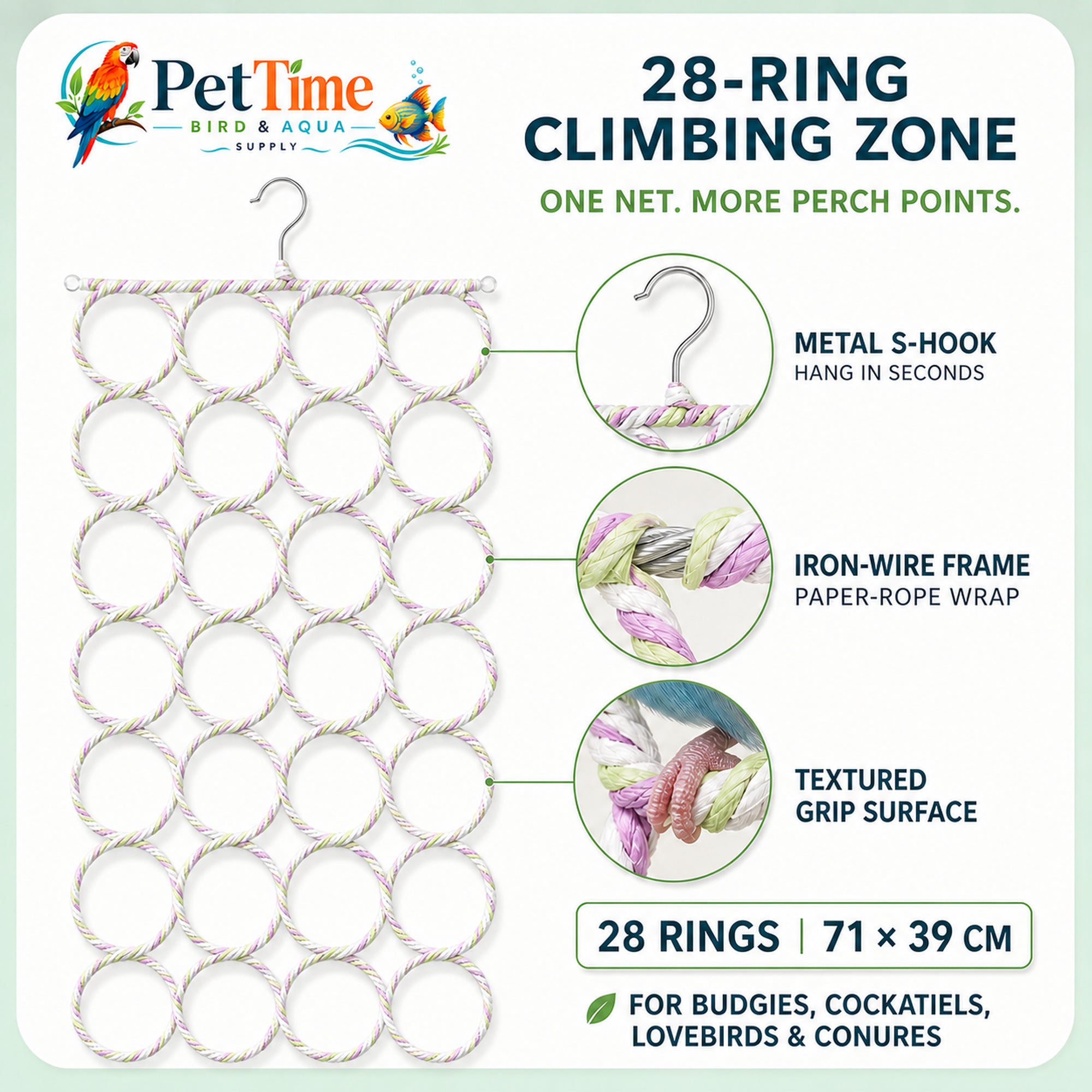 28-Ring Bird Climbing Net, Foldable Bird Rope Swing and Activity Net