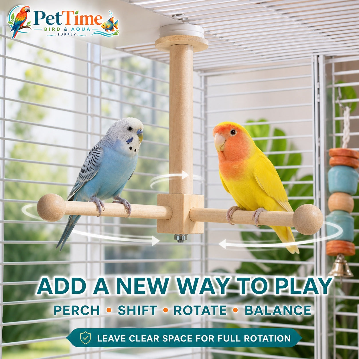 Rotating Parrot Perch for Bird Cage, 360-Degree Pinewood Windmill Toy