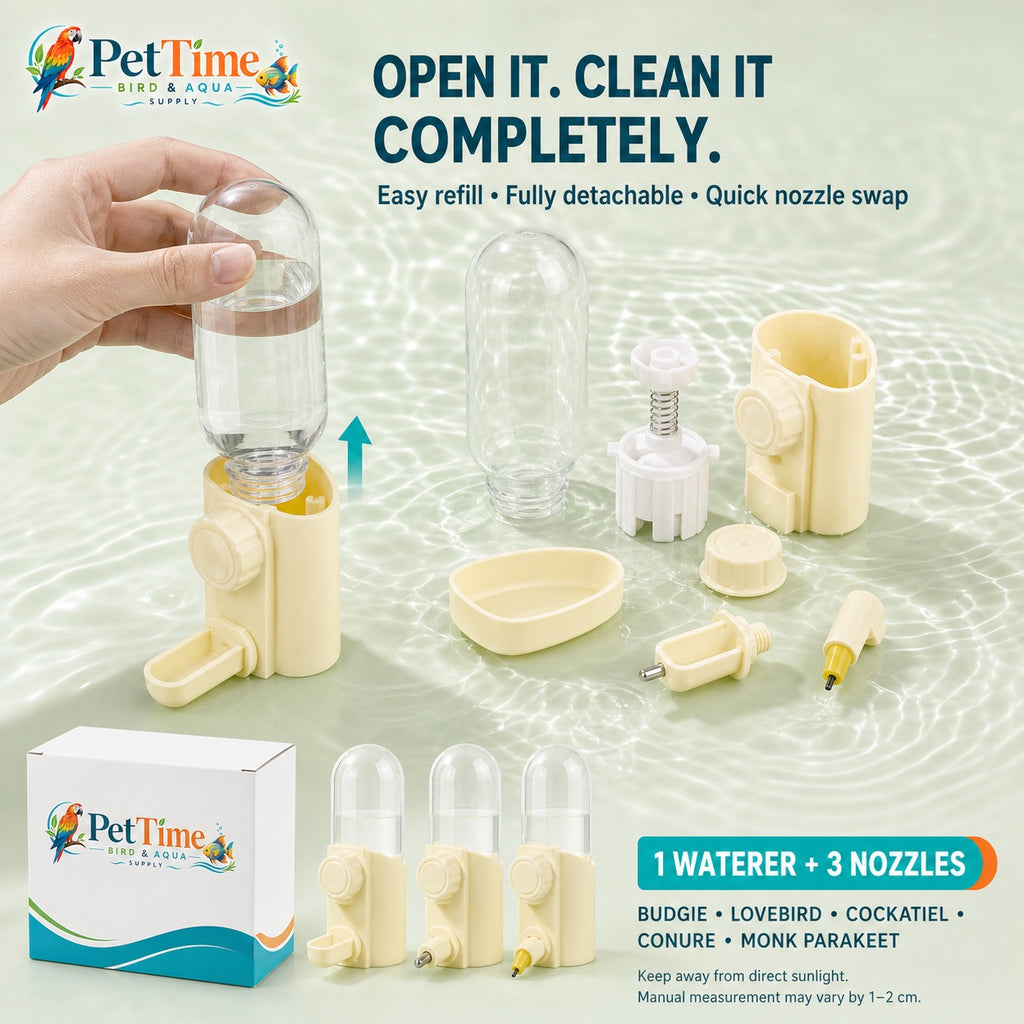 3-in-1 Bird Water Dispenser for Cage, 240ml Automatic Bird Waterer with Cup
