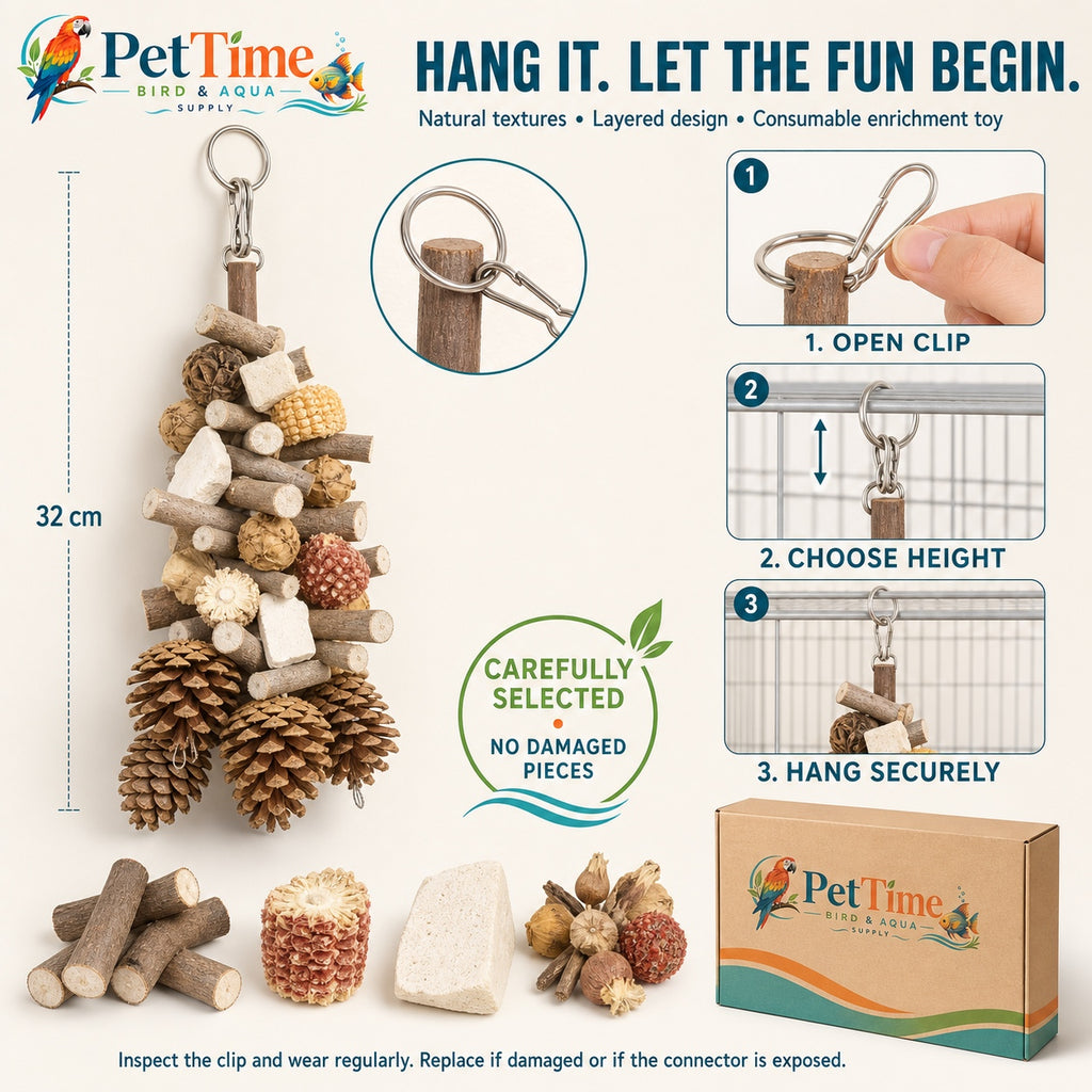 Hanging Multi-Texture Bird Chewing Toy with Apple Wood, Corn Cob and Cuttlebone, Cage Shredding and Climbing Toy