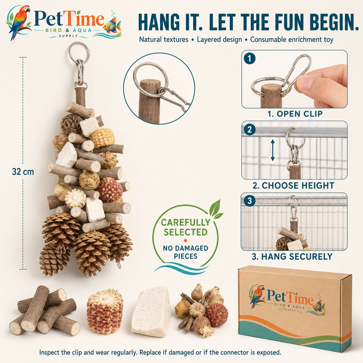 Hanging Multi-Texture Bird Chewing Toy with Apple Wood, Corn Cob and Cuttlebone, Cage Shredding and Climbing Toy