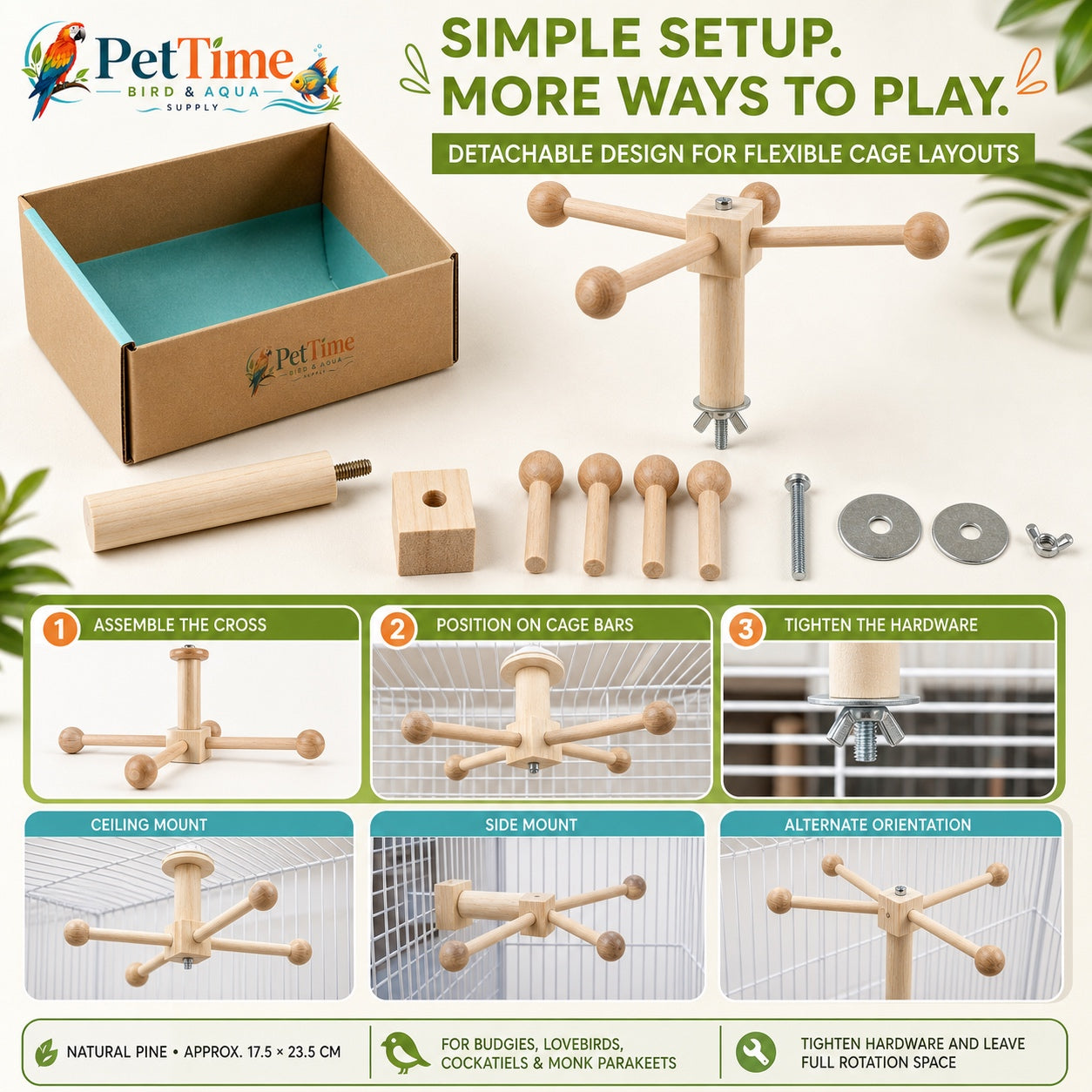 Rotating Parrot Perch for Bird Cage, 360-Degree Pinewood Windmill Toy