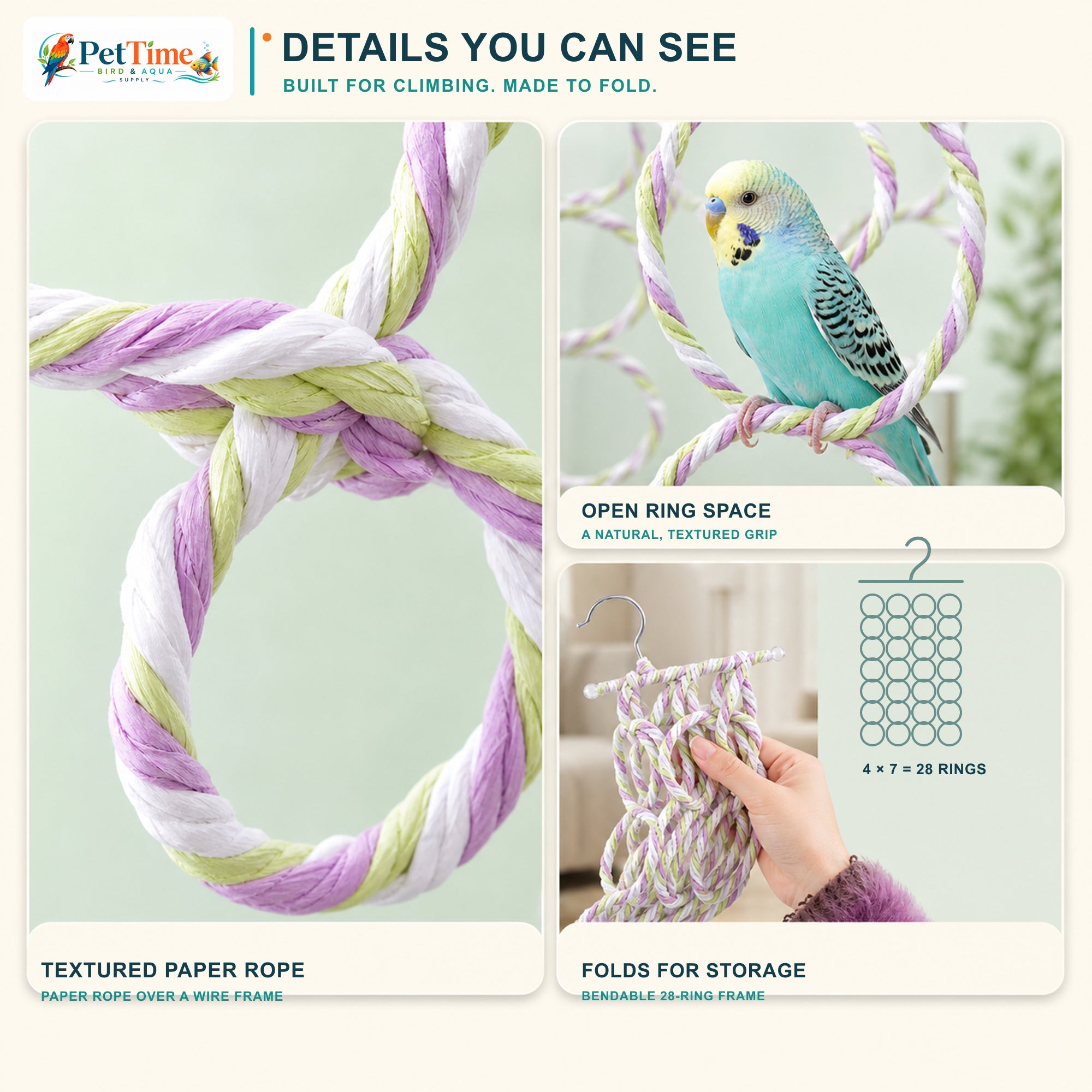 28-Ring Bird Climbing Net, Foldable Bird Rope Swing and Activity Net