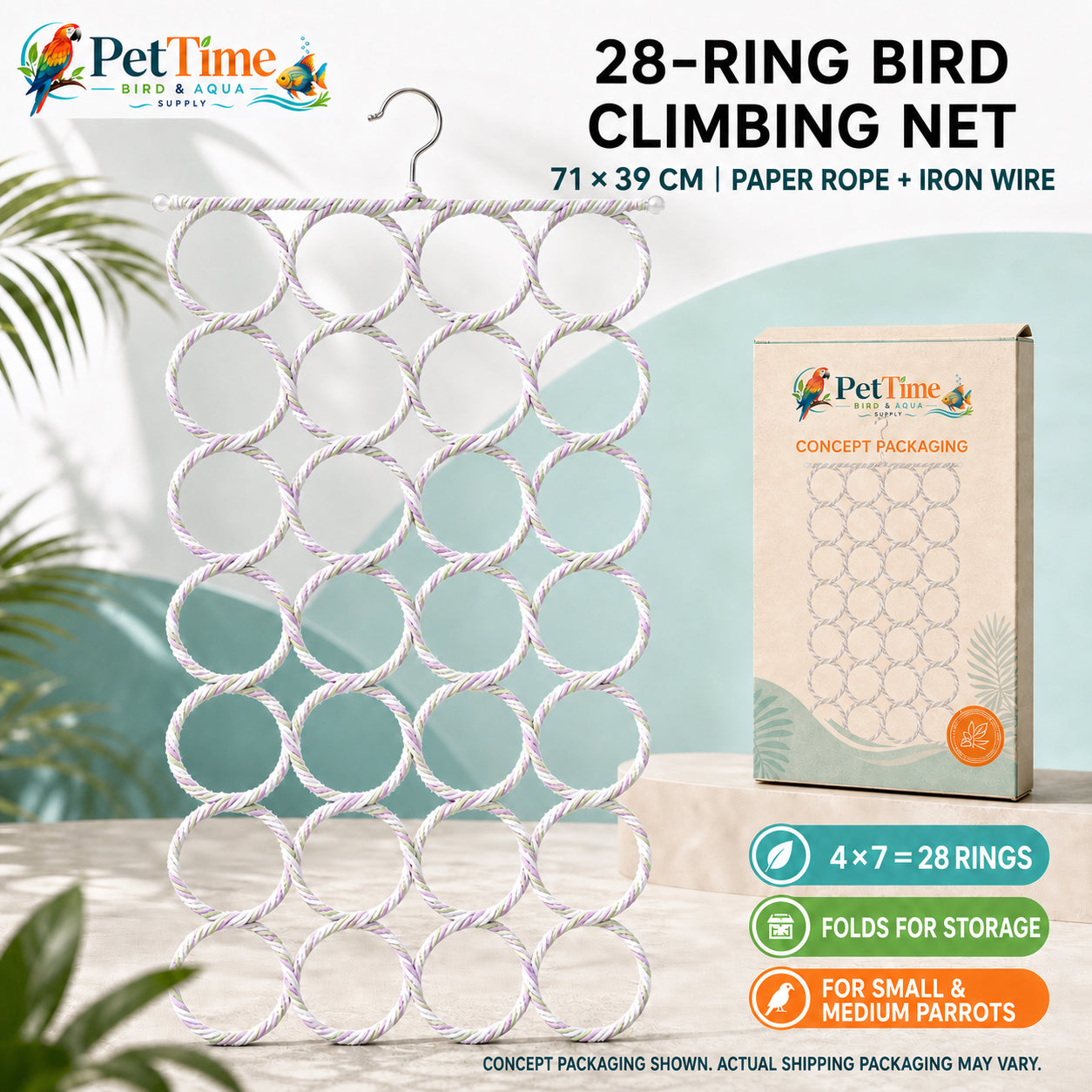 28-Ring Bird Climbing Net, Foldable Bird Rope Swing and Activity Net