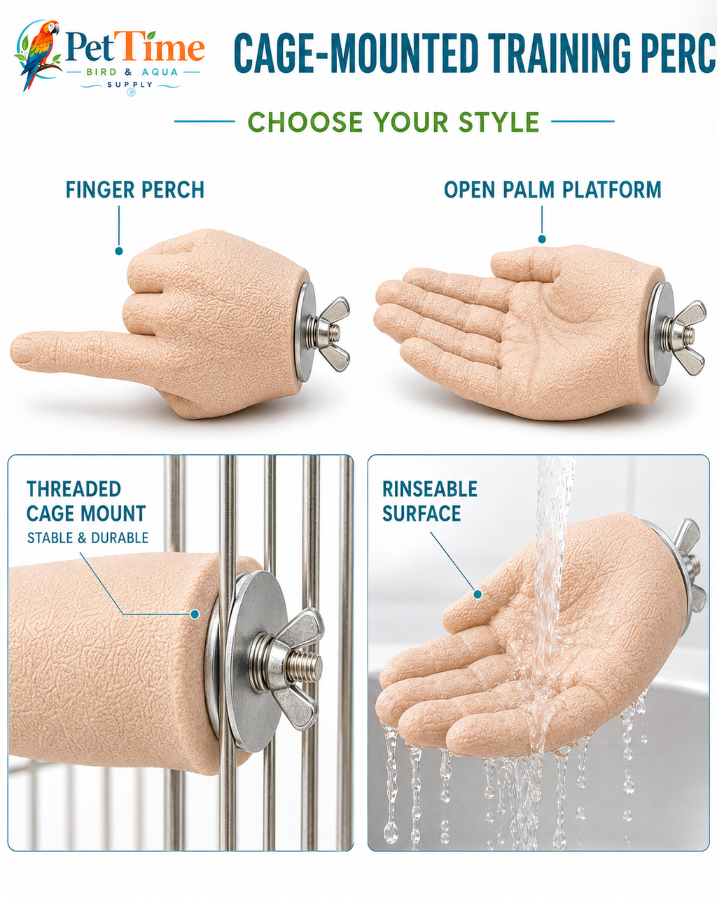 Parrot Training Hand Perch for Cage, Fake Hand Step-Up Practice Stand