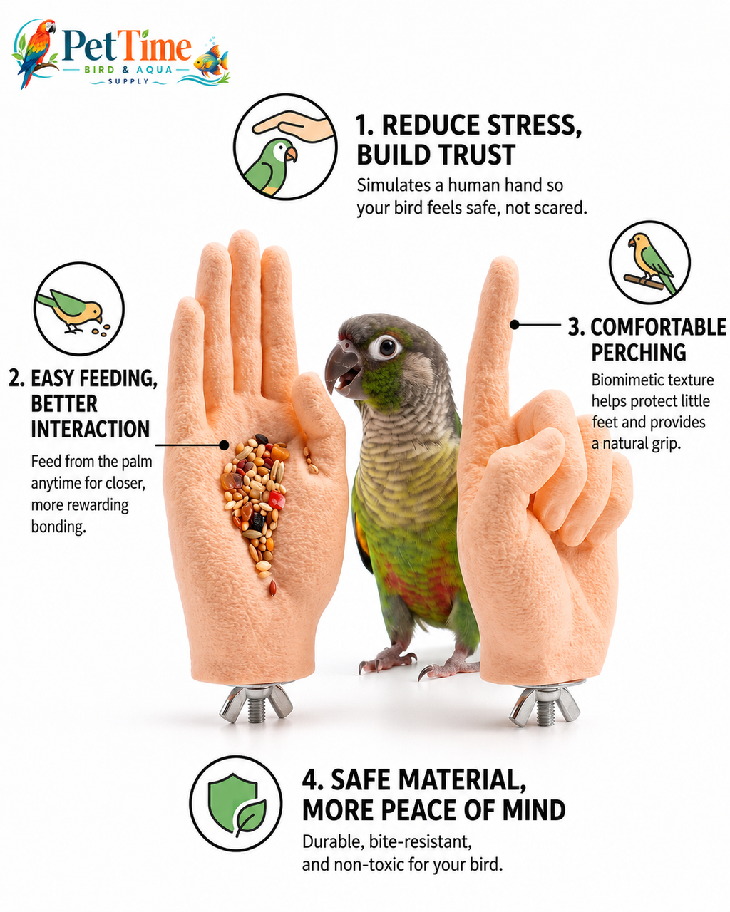 Parrot Training Hand Perch for Cage, Fake Hand Step-Up Practice Stand