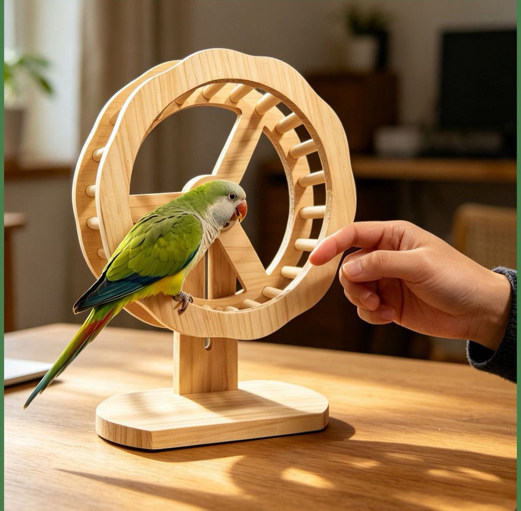 Wooden Bird Exercise Wheel, 20 cm Parrot Rotating Perch Toy with Dual Bearings