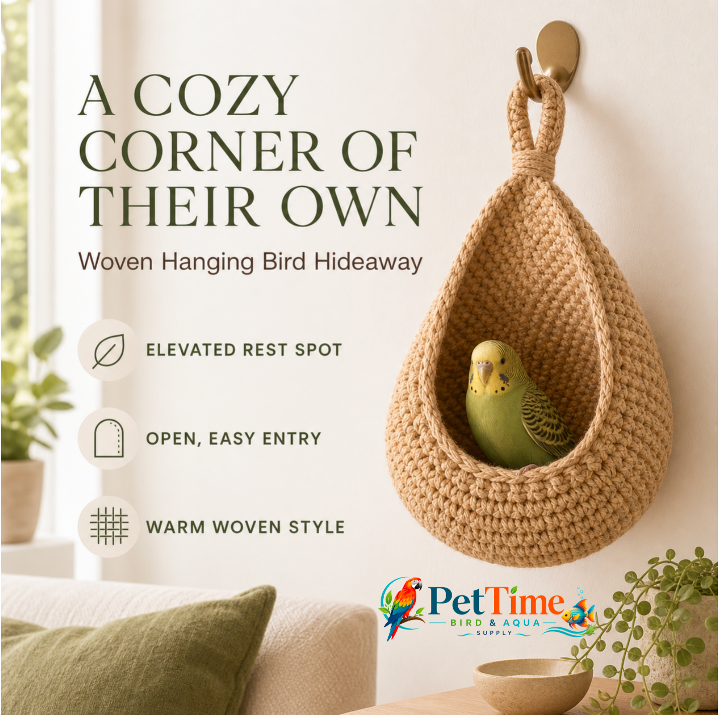 Hanging Bird Nest Basket for Small Birds, Teardrop Woven Parrot Resting Nook