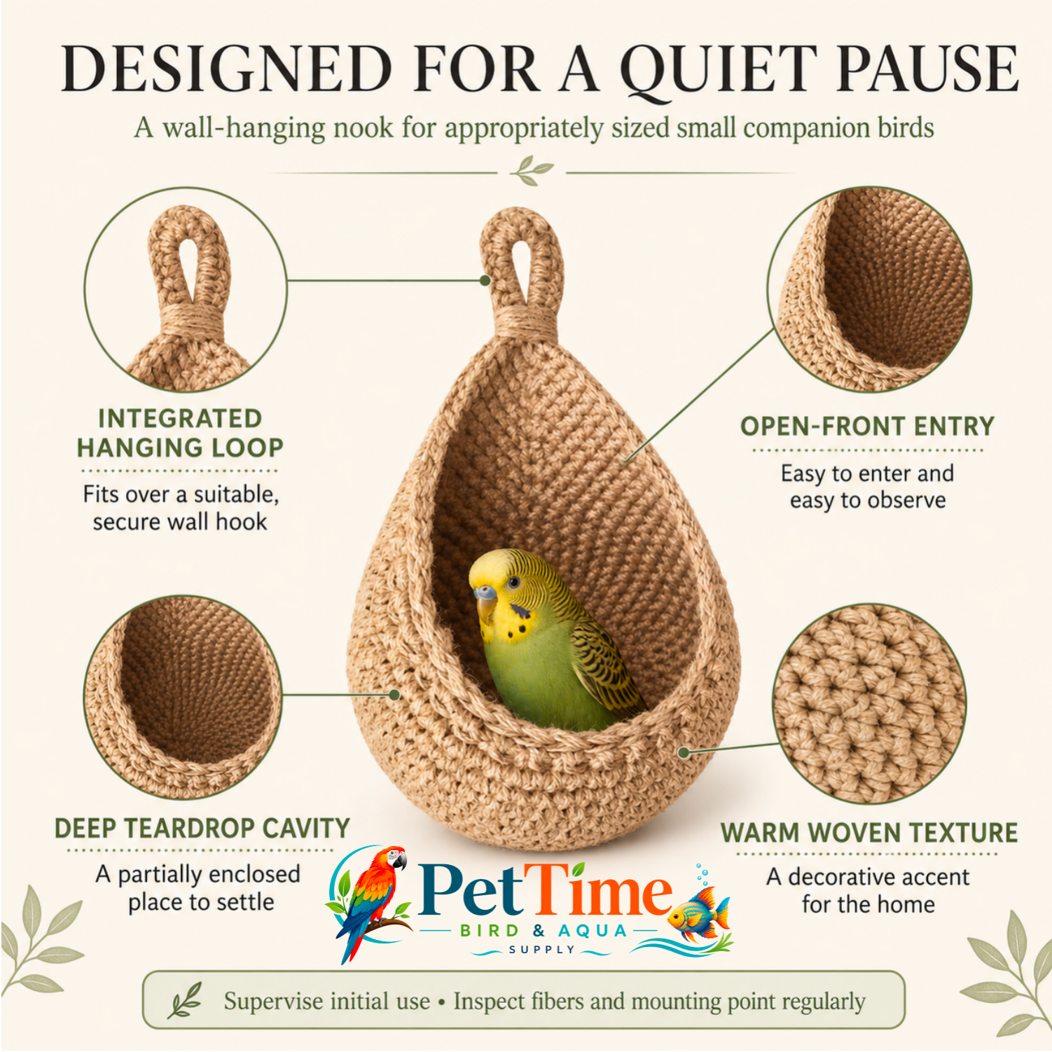 Hanging Bird Nest Basket for Small Birds, Teardrop Woven Parrot Resting Nook