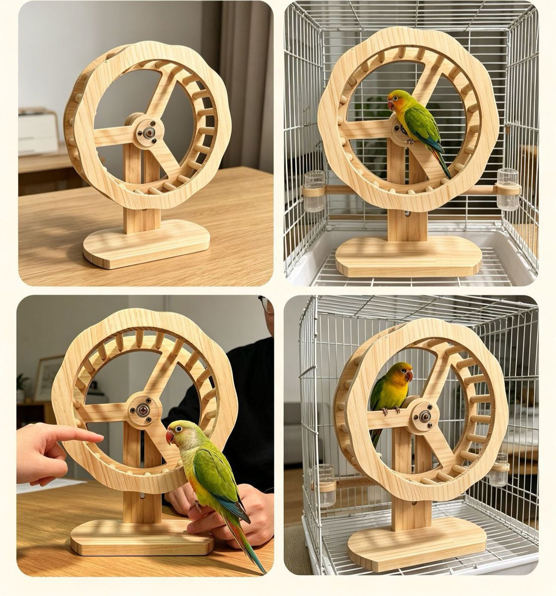 Wooden Bird Exercise Wheel, 20 cm Parrot Rotating Perch Toy with Dual Bearings