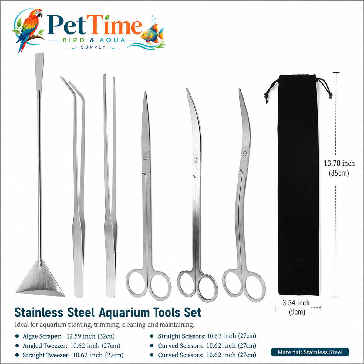 6-Piece Aquascaping Tools Kit, Stainless Steel Aquarium Scissors, Tweezers and Double-Ended Substrate Spatula