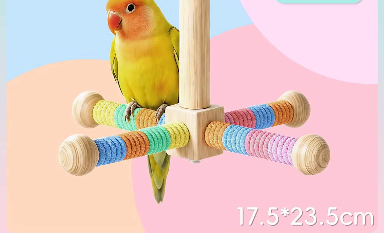 Rotating Parrot Perch for Bird Cage, 360-Degree Pinewood Windmill Toy