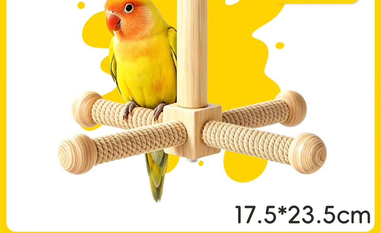Rotating Parrot Perch for Bird Cage, 360-Degree Pinewood Windmill Toy