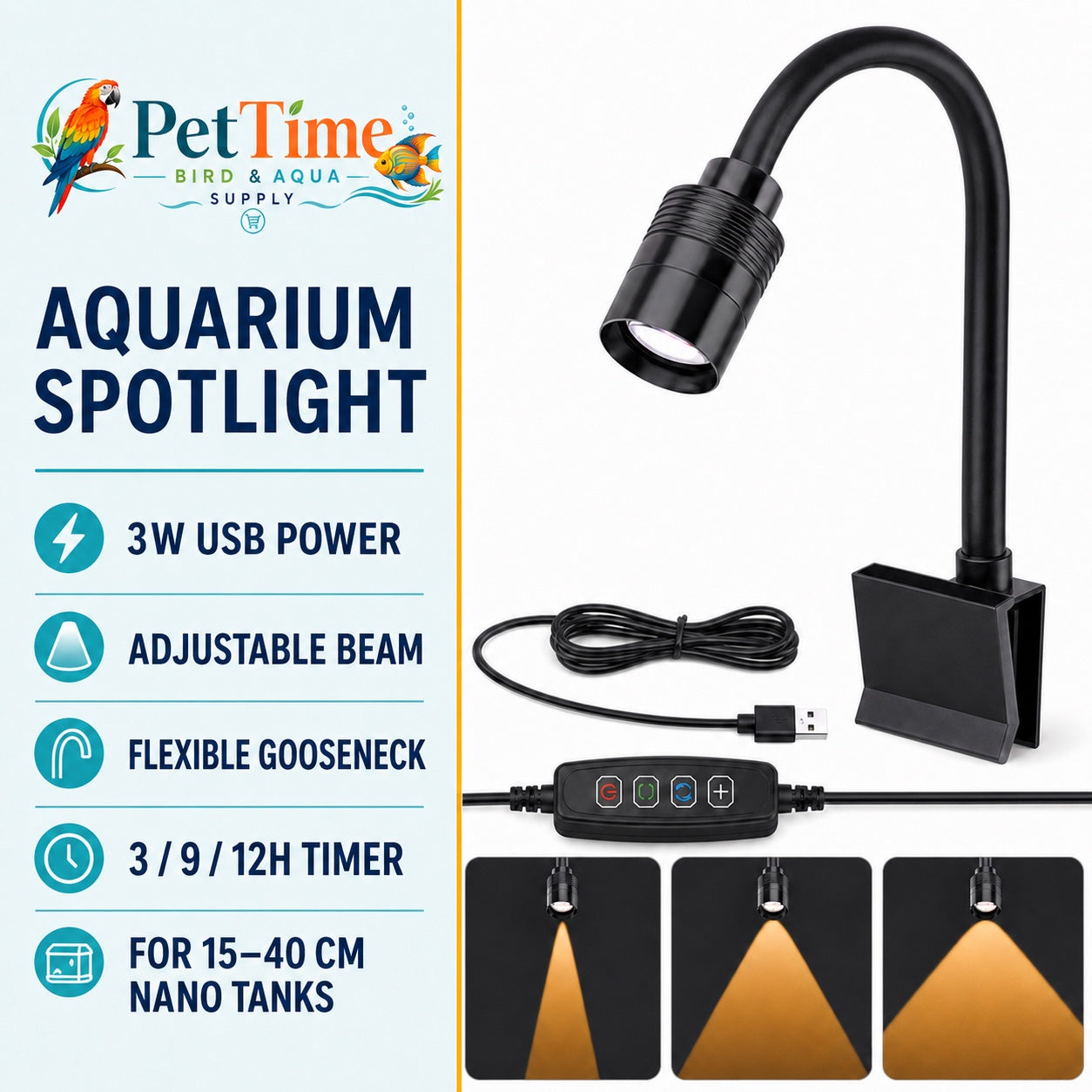 Zoomable Aquarium Clip-on Spotlight 3W USB Port (AquaGear Supplies)
