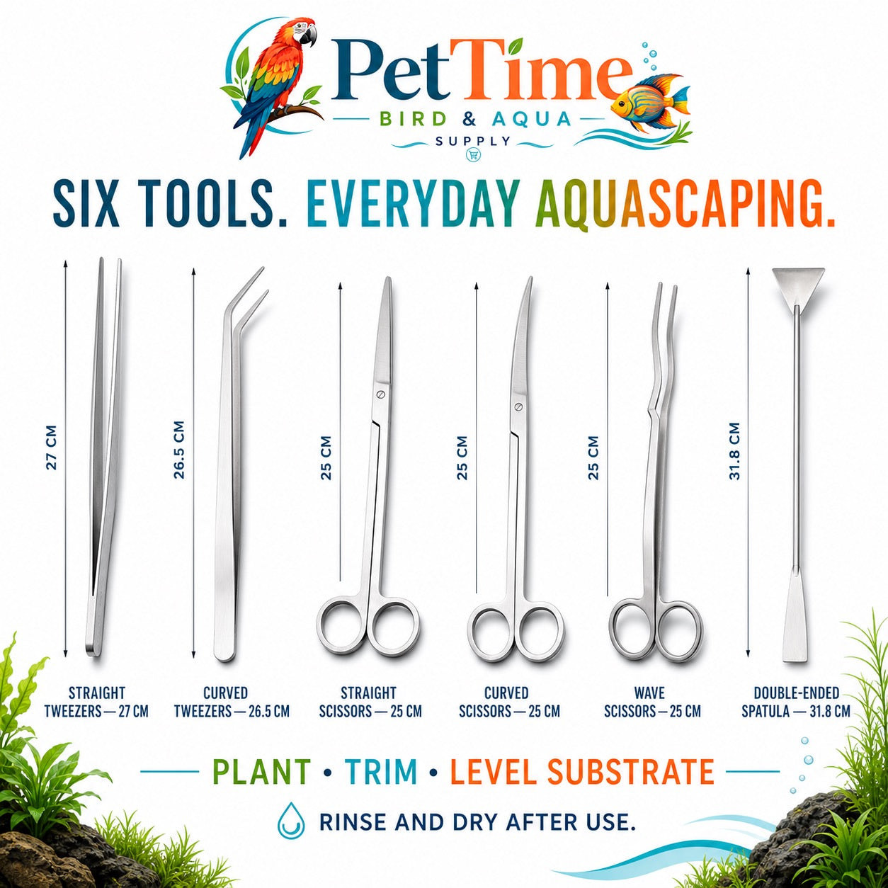 6-Piece Aquascaping Tools Kit, Stainless Steel Aquarium Scissors, Tweezers and Double-Ended Substrate Spatula