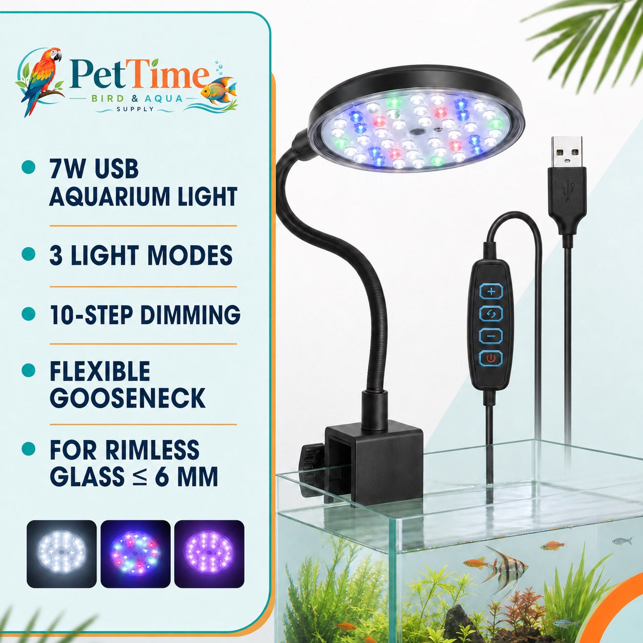 7W USB Clip-On Aquarium Light, 3-Mode Dimmable LED Fish Tank Lamp