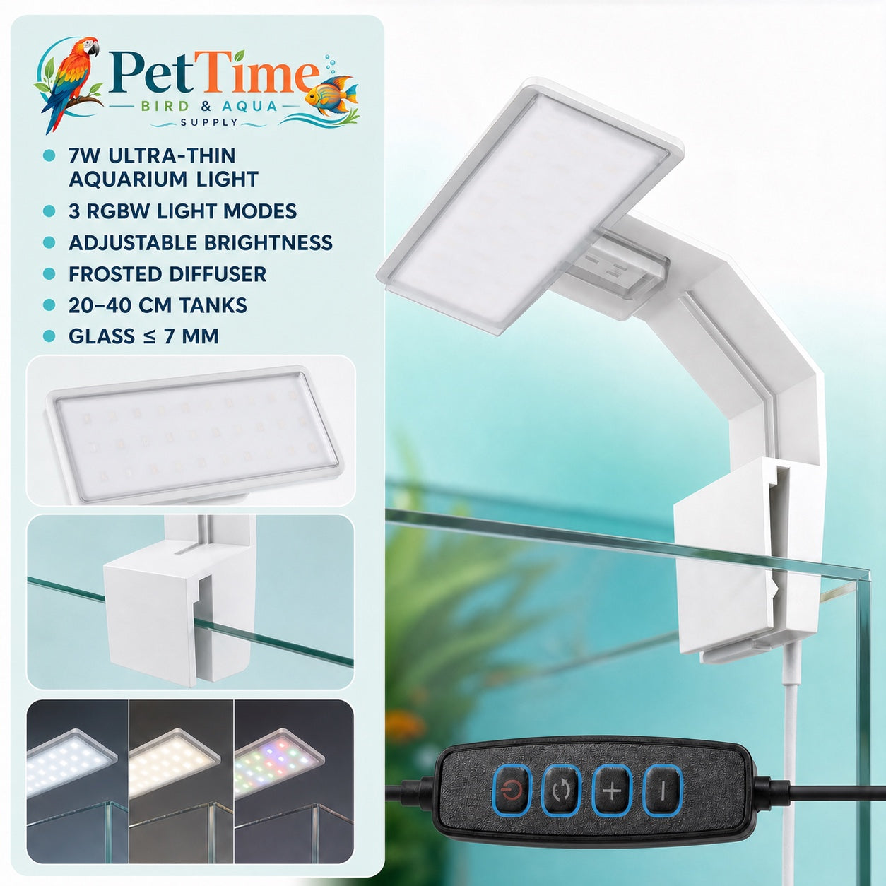 7W Clip-On Aquarium LED Light, 3 Color Modes and Frosted Acrylic Diffuser