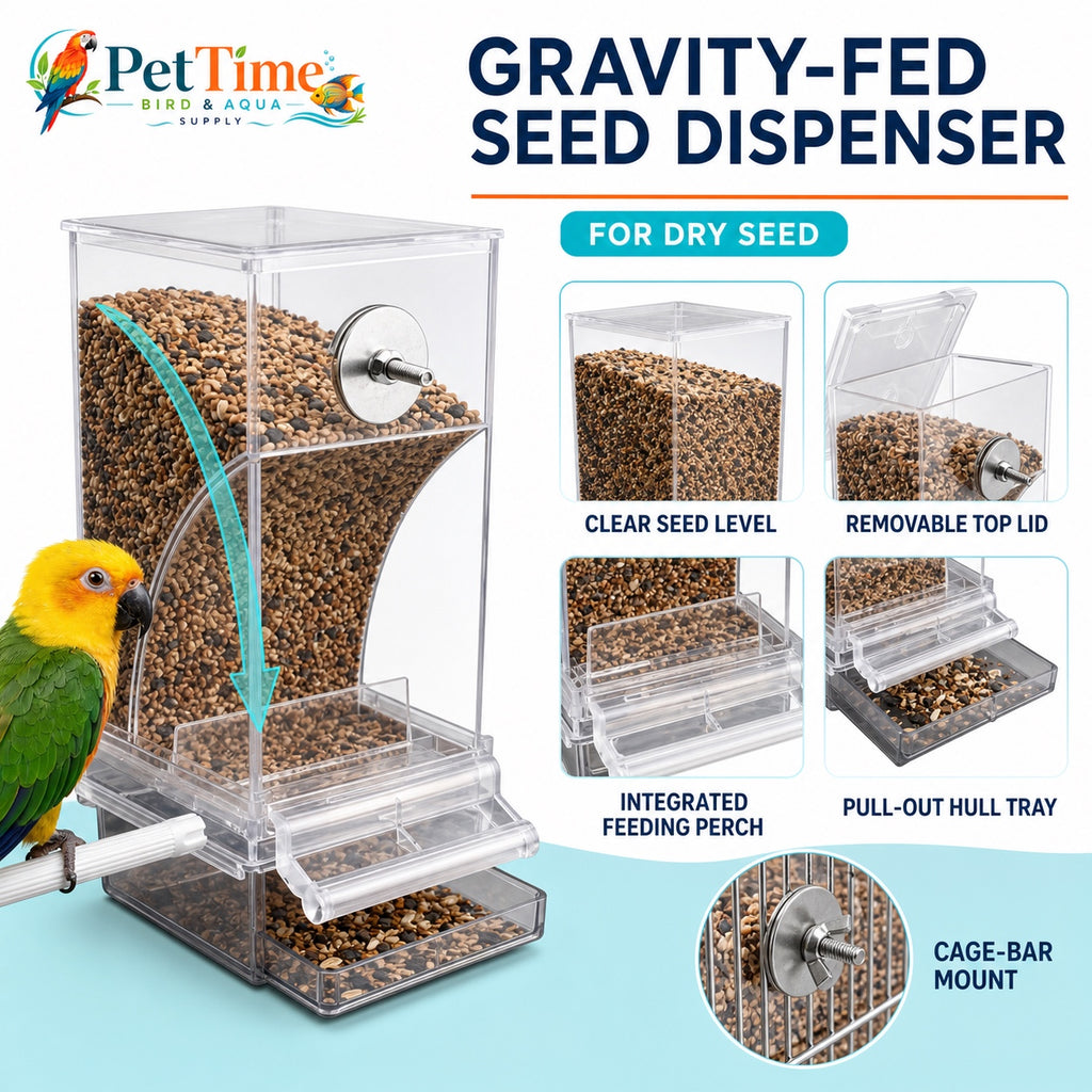 No-Mess Feeder with Seed Catcher for Cage,  Clear Gravity-Fed Seed Saver