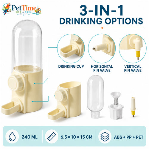 3-in-1 Bird Water Dispenser for Cage, 240ml Automatic Bird Waterer with Cup