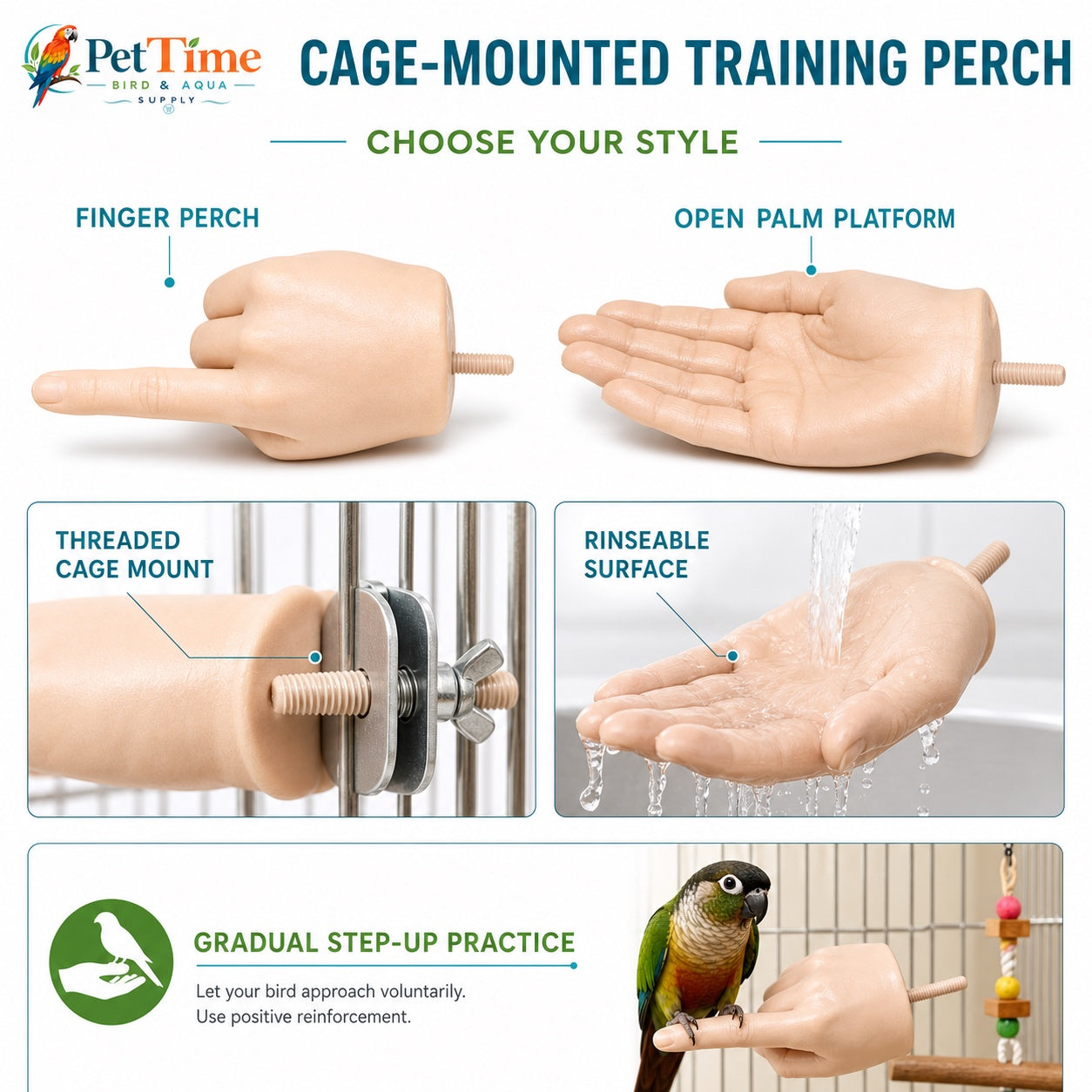 Parrot Training Hand Perch for Cage, Fake Hand Step-Up Practice Stand