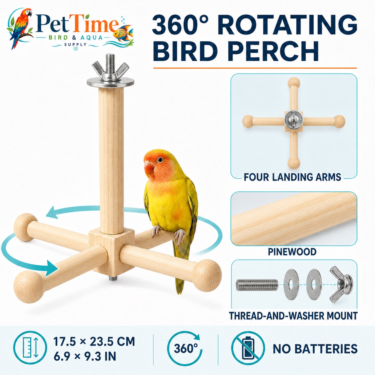 Rotating Parrot Perch for Bird Cage, 360-Degree Pinewood Windmill Toy