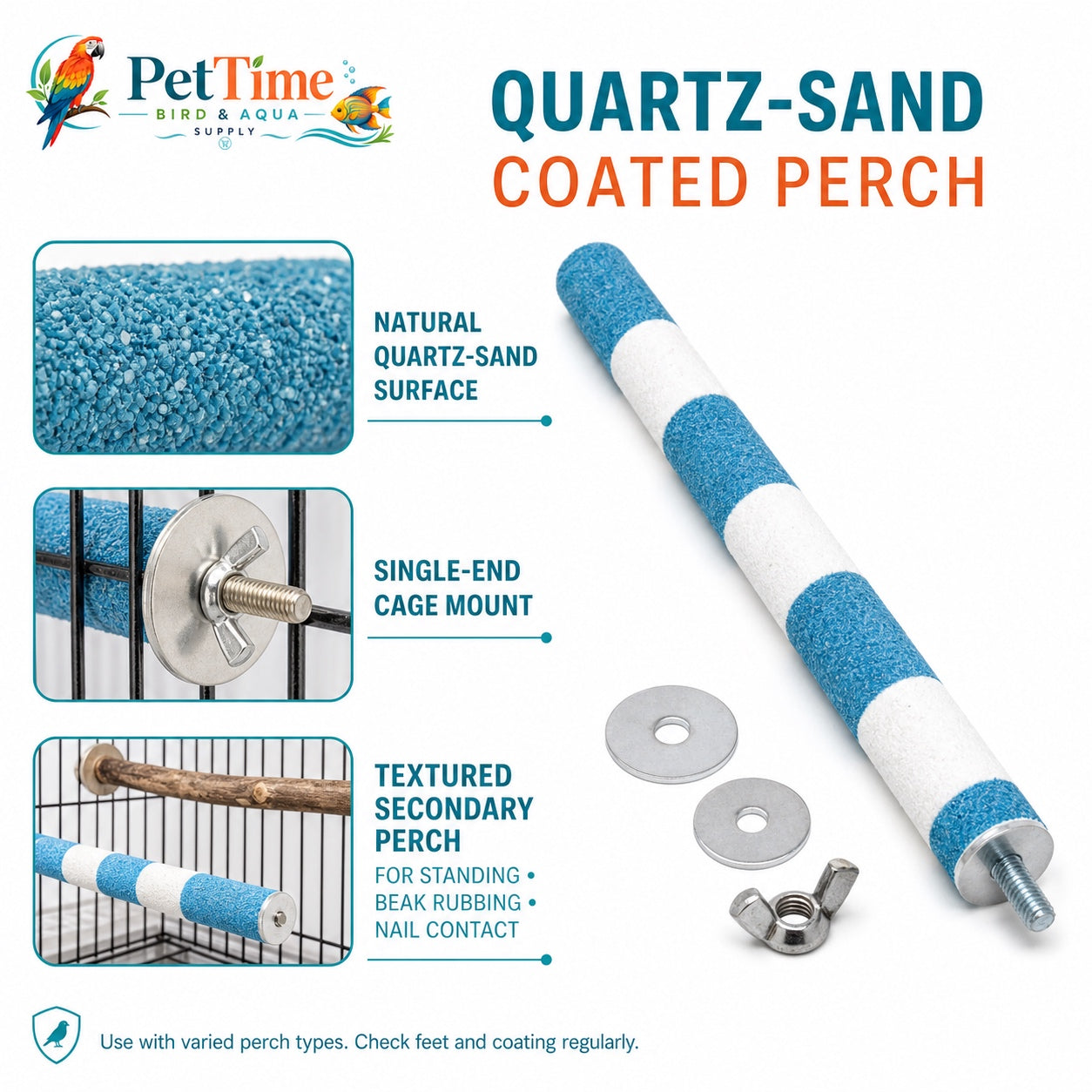 Quartz Sand Bird Grooming Perch for Cage for Beak Rubbing and Nail Contact