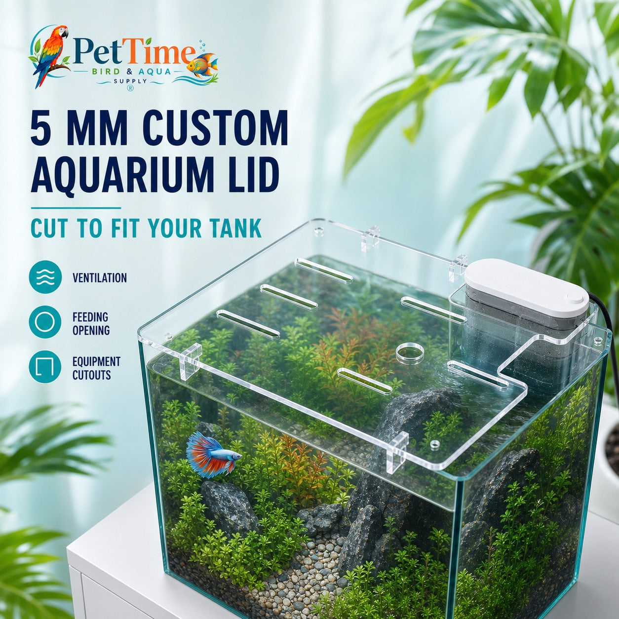 Custom-Cut Clear Aquarium Top, 5mm PC Fish Tank Lid with Filter Openings