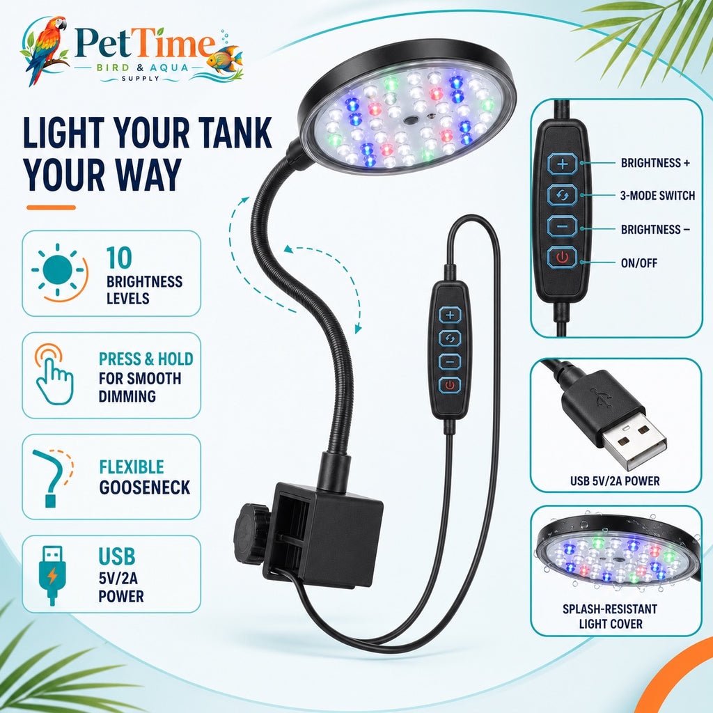 7W USB Clip-On Aquarium Light, 3-Mode Dimmable LED Fish Tank Lamp