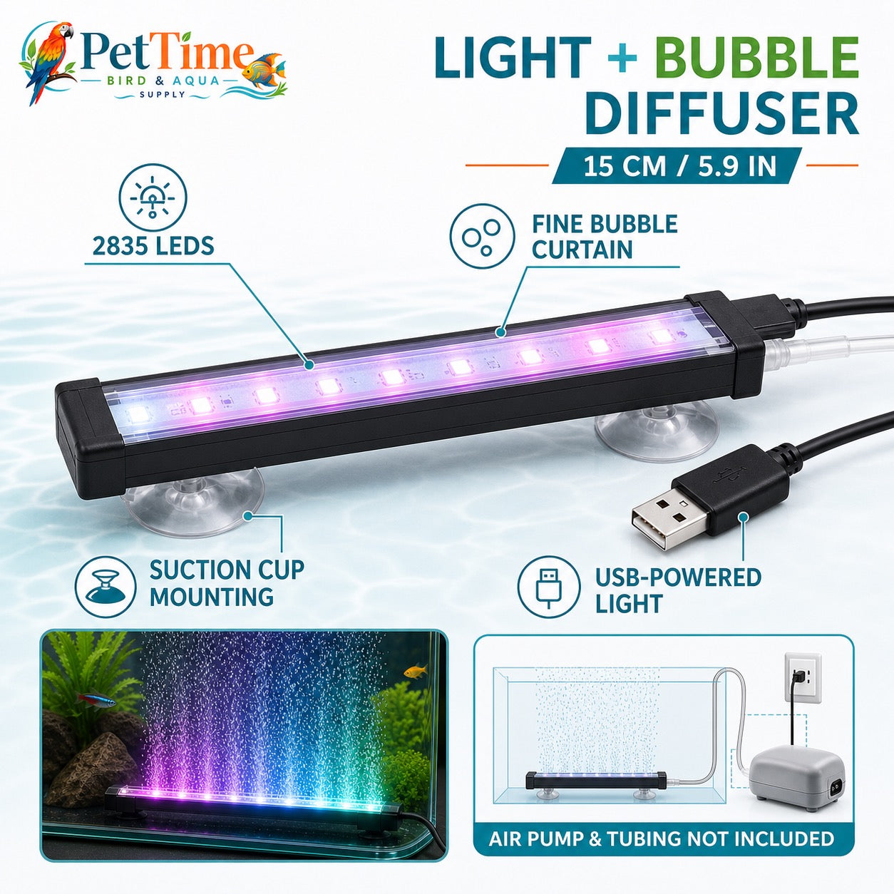 6-Inch Aquarium LED Bubble Bar with Light, USB Color-Changing