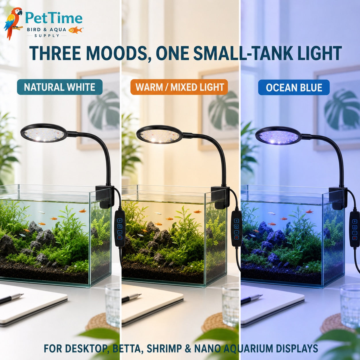 7W USB Clip-On Aquarium Light, 3-Mode Dimmable LED Fish Tank Lamp