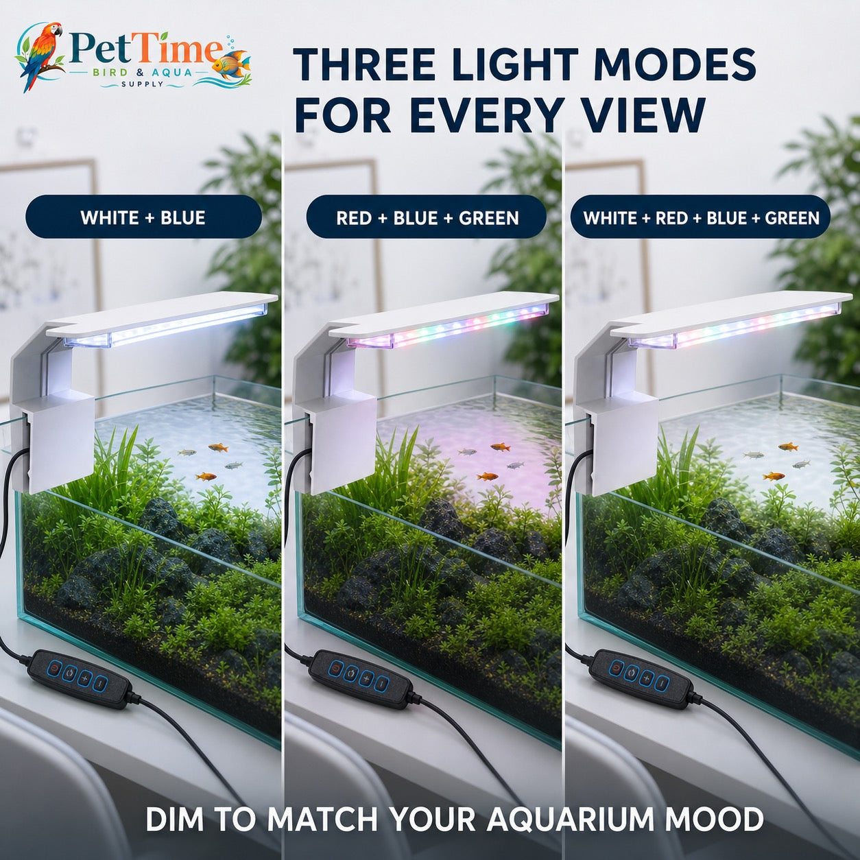 7W Clip-On Aquarium LED Light, 3 Color Modes and Frosted Acrylic Diffuser