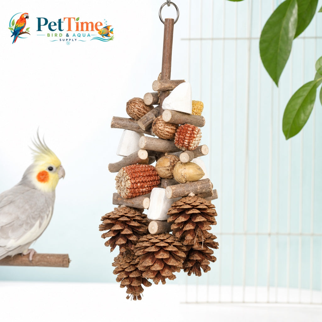 Hanging Multi-Texture Bird Chewing Toy with Apple Wood, Corn Cob and Cuttlebone, Cage Shredding and Climbing Toy