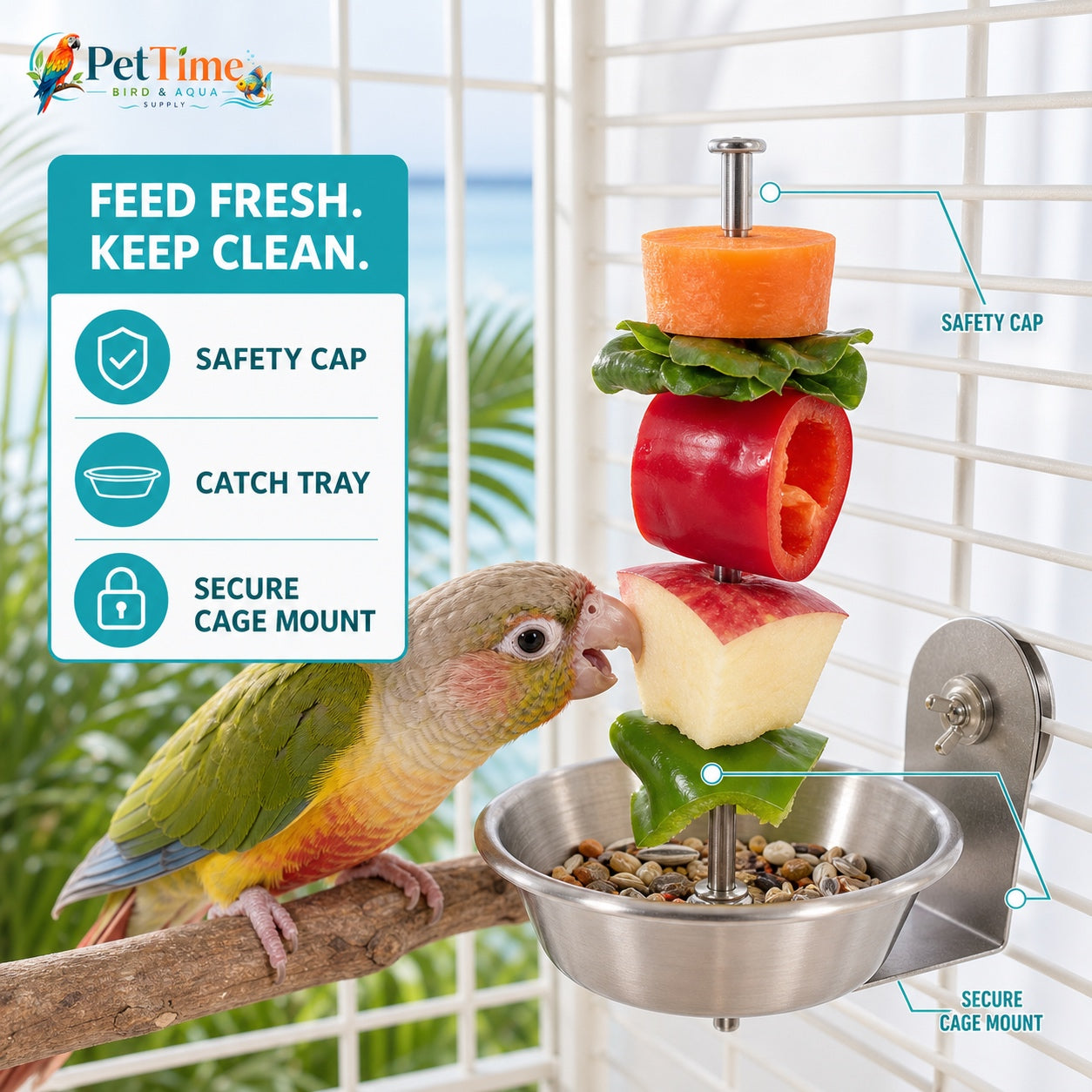 2 Pack Parrot Fruit Skewers with Catch Trays, Bird Food Holders
